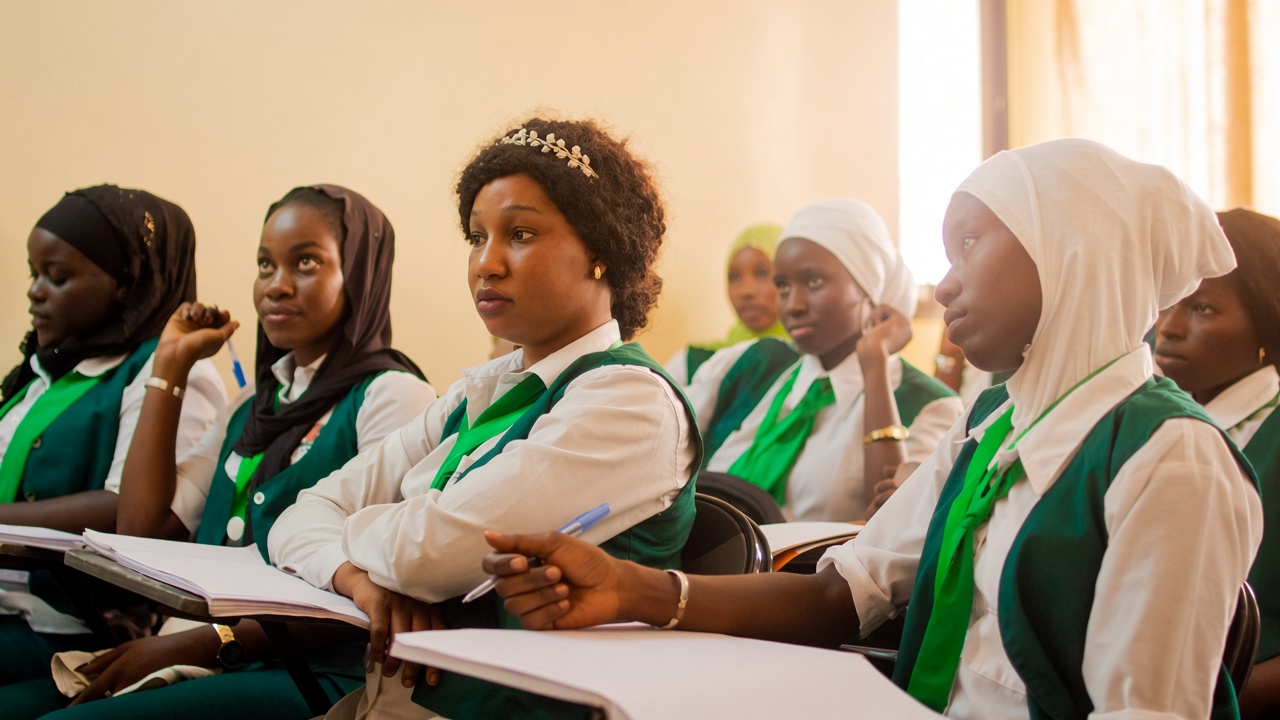 Étudiantes de l’IFCS Avenir Santé en formation, en uniforme vert et blanc